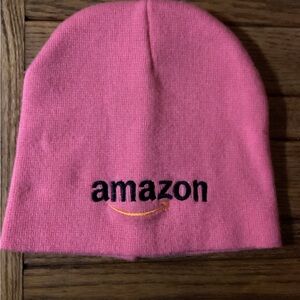 Amazon Pink Knit Beanie with Black Logo and Gold Smile
